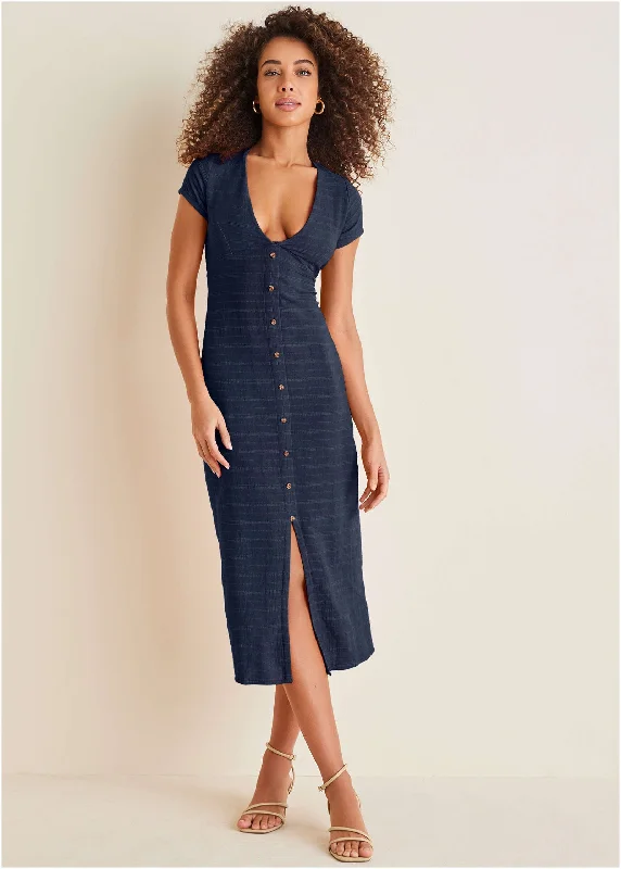 Women's midi dress pure flair -Linen Midi Dress - Navy