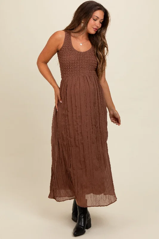 ladies-maxi-dress-tie-dye-twist-Mocha Textured Smocked Bodice Sleeveless Maternity Maxi Dress