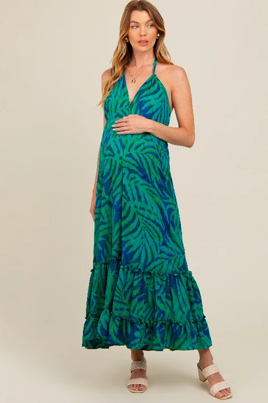 ladies-maxi-dress-soft-sheen-Green Leaf Print Halter Maternity Maxi Dress