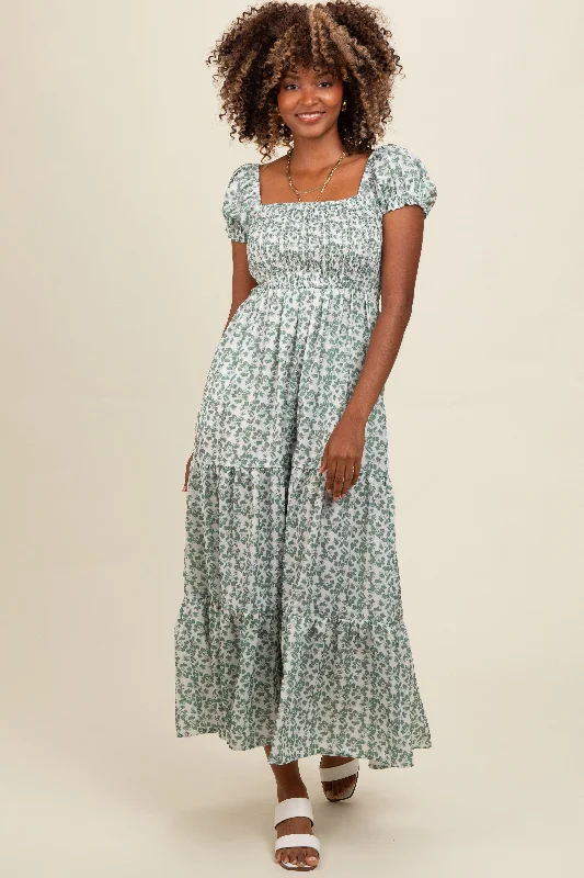 ladies-maxi-dress-plus-size-prance-Olive Floral Puff Sleeve Smocked Maxi Dress