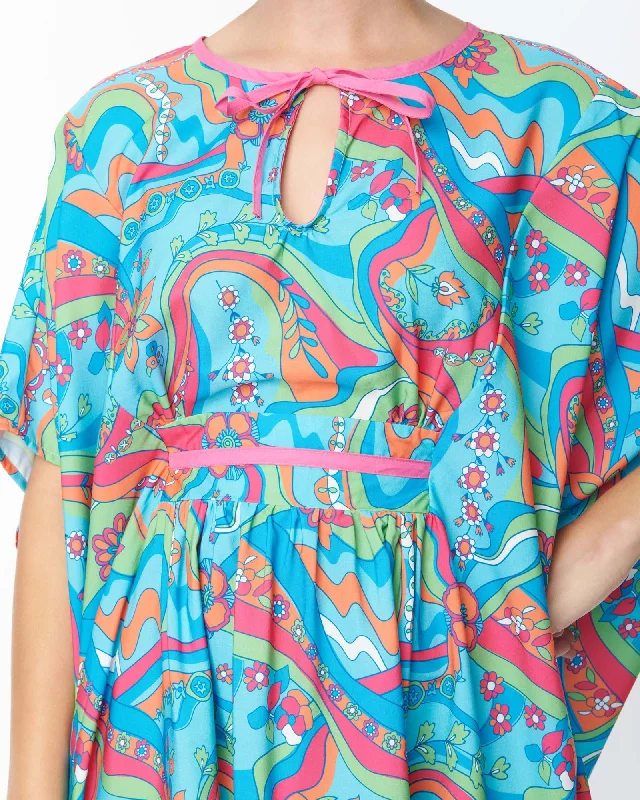 ladies-mini-dress-a-line-airy-Smak Parlor Psychedelic Daisy River Print Mini Caftan | Blue, Green, Floral