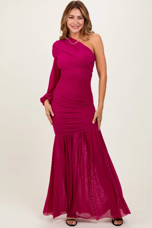 ladies-maxi-dress-90s-nimbus-Magenta Ruched Mesh One Shoulder Asymmetric Maxi Dress