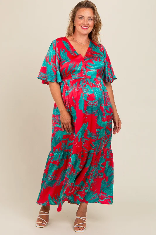 ladies-maxi-dress-edgy-ember-Red Satin Palm Print Button Front Maternity Plus Maxi Dress