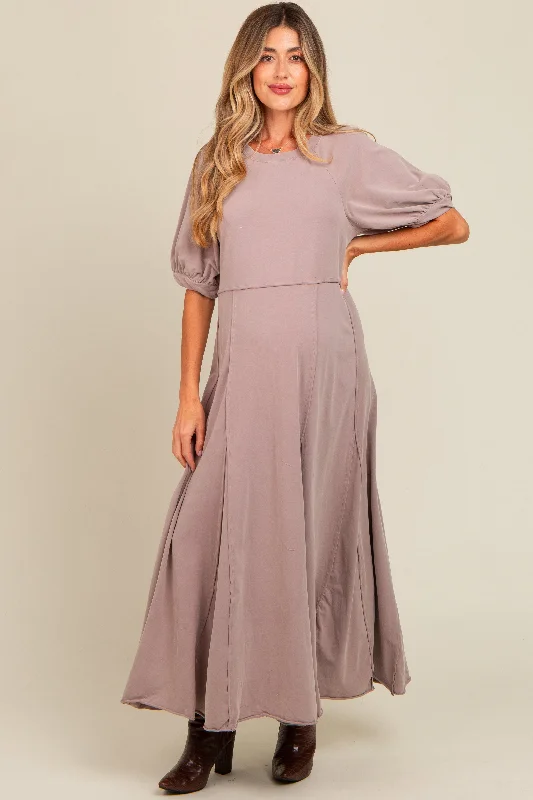 ladies-maxi-dress-loose-luster-Taupe Vintage Wash Puff Sleeve Maternity Maxi Dress