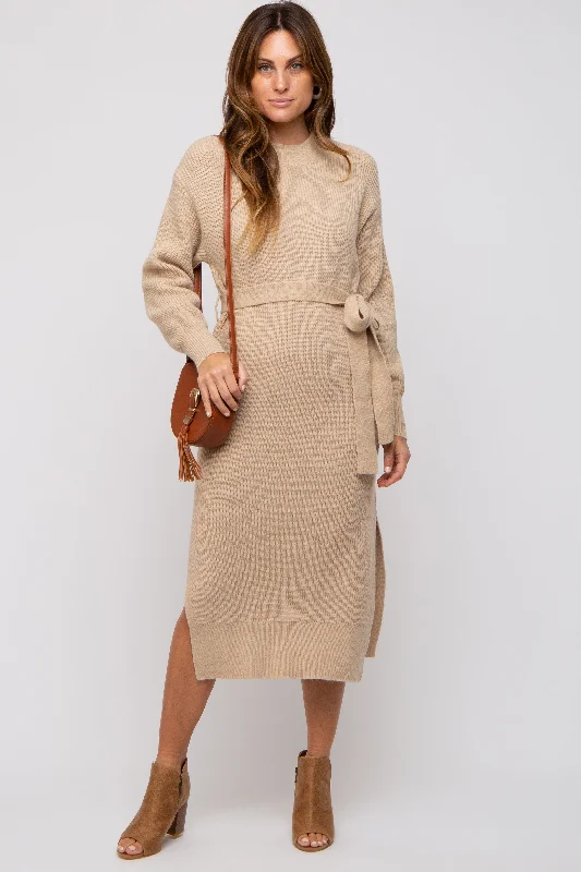 Women's midi dress rust glow -Beige Side Slit Sweater Midi Dress