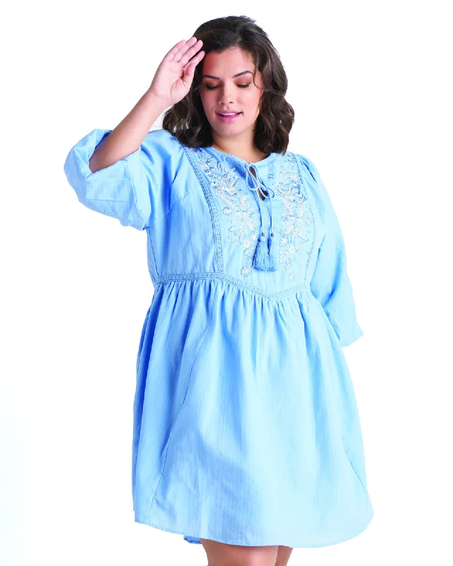 ladies-mini-dress-fitted-flair-Saira Embroidered Mini Dress | Light Blue