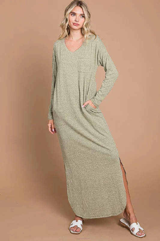 ladies-maxi-dress-short-sleeve-breeze-Light Olive Heathered Pocketed Long Sleeve Maxi Dress