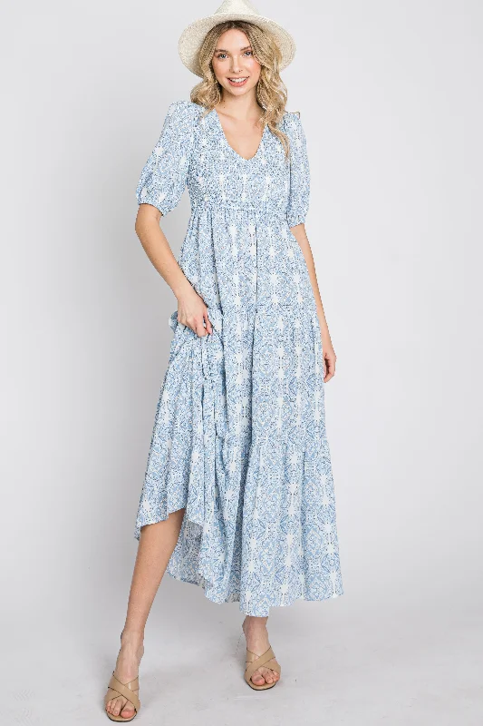 ladies-maxi-dress-sheer-shimmer-Blue Paisley Print Smocked Tiered Maxi Dress