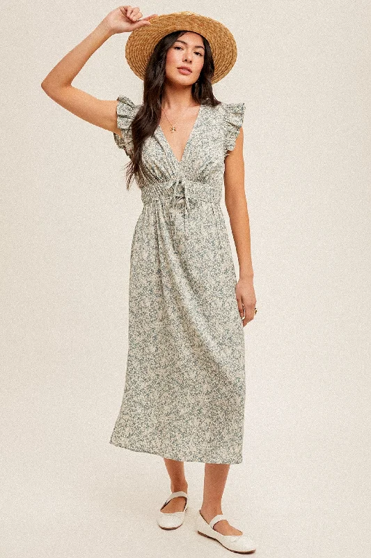 Women's midi dress hush chic -Dusty Blue Flutter Sleeves Floral Print Midi Dress