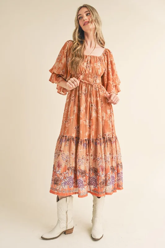 Women's midi dress tidy flair -Rust Floral Puff Sleeve Tiered Midi Dress