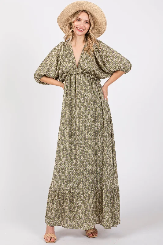 ladies-maxi-dress-timeless-tide-Olive Deep V-Neck Short Puff Sleeve Ruffle Maxi Dress