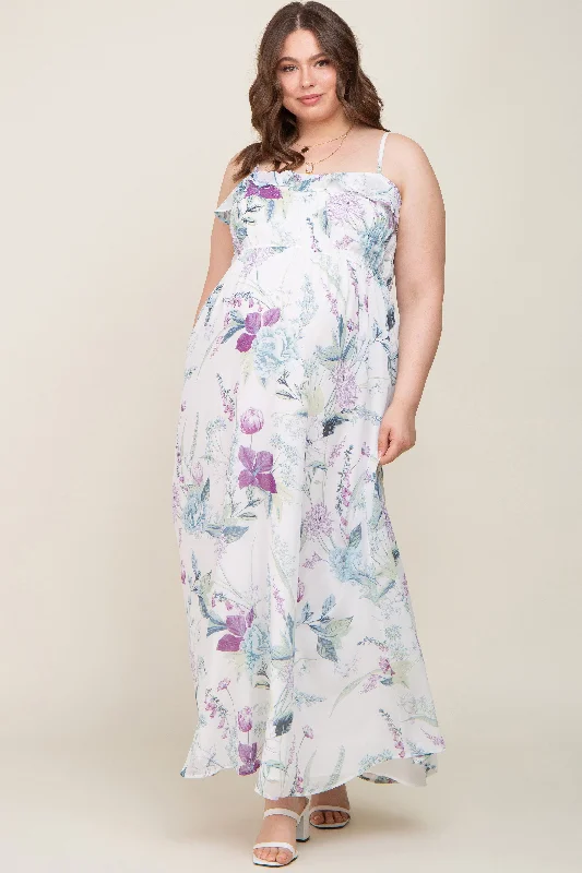 ladies-maxi-dress-pastel-prance-White Floral Sleeveless Ruffle Plus Maternity Maxi Dress