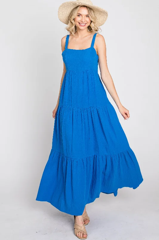 ladies-maxi-dress-breathable-bliss-Blue Sleeveless Ruffle Tiered Maxi Dress