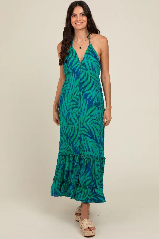 ladies-maxi-dress-fitted-fawn-Green Leaf Print Halter Maternity Maxi Dress