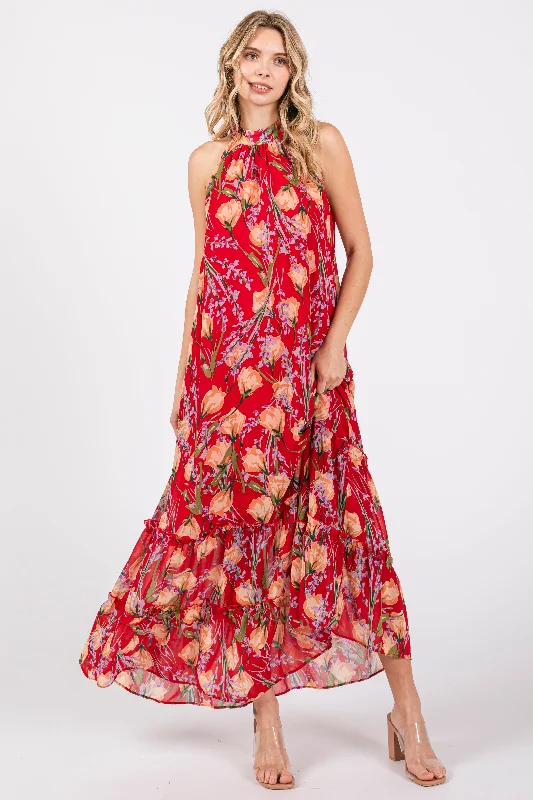 ladies-maxi-dress-glam-glow-Red Floral Halter Maxi Dress