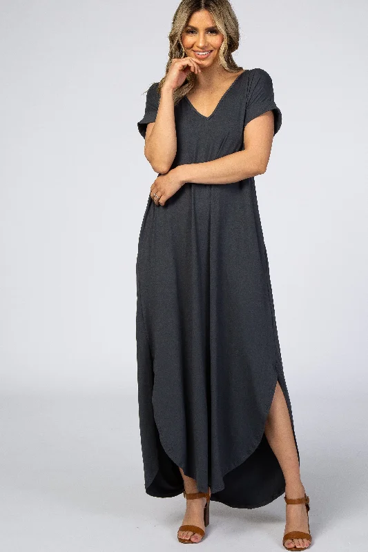 ladies-maxi-dress-square-sweep-Charcoal Side Slit Maxi Dress