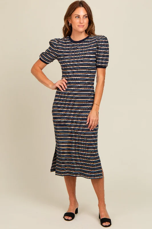 Women's midi dress pure pop -Navy Multi Striped Puff Sleeve Midi Dress