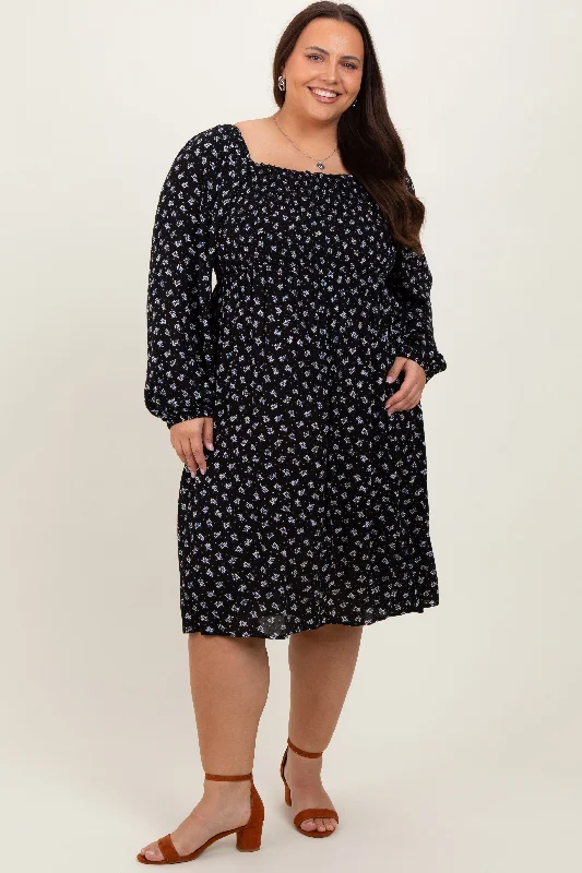 Women's midi dress calm pop -Black Floral Smocked Square Neck Plus Midi Dress