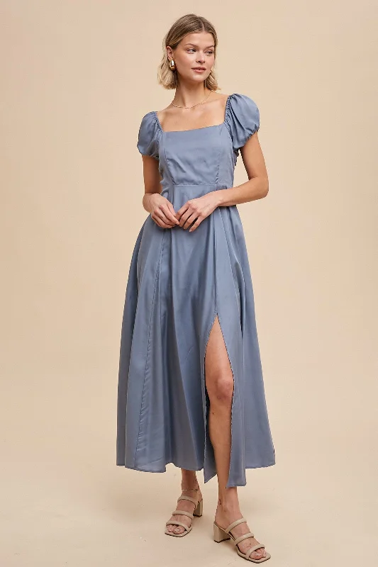 ladies-maxi-dress-day-to-dusk-Elemental Blue Linen Blend Maxi Dress With Corset Back