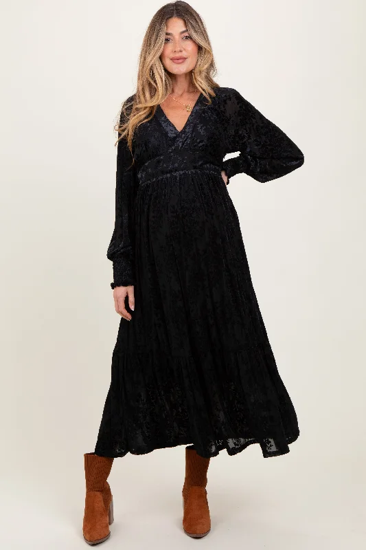 ladies-maxi-dress-soft-sheen-Black Floral Velvet Overlay Maternity Maxi Dress