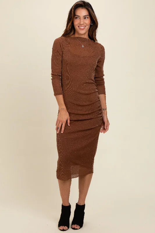 Women's midi dress off pop -Brown Shimmer Mesh Long Sleeve Ruched Midi Dress