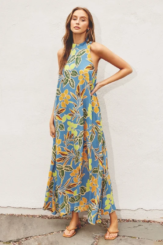 ladies-maxi-dress-designer-dusk-Blue Floral Halter Maxi Dress