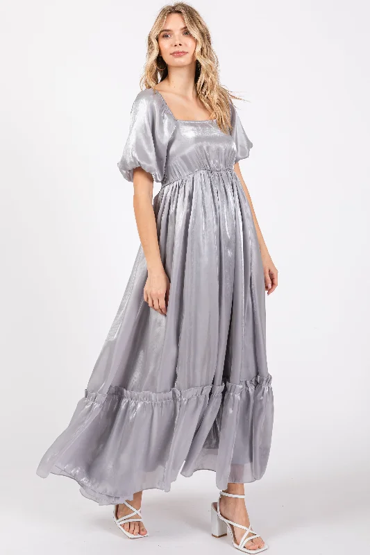 ladies-maxi-dress-lilac-luster-Silver Satin Square Neck Short Puff Sleeve Maxi Dress