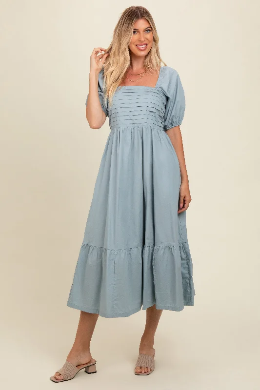 Women's midi dress era chic -Light Blue Pleated Bodice Puff Sleeve Midi Dress