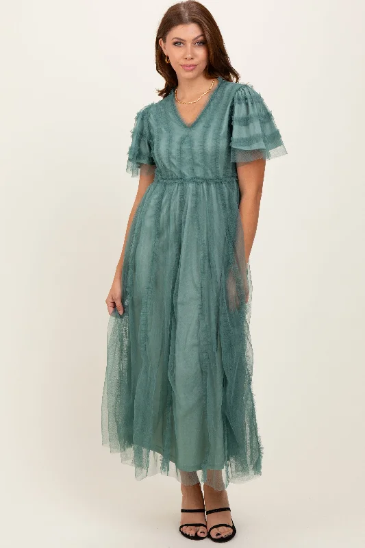 ladies-maxi-dress-bold-breeze-Teal Ruffle Accent Mesh Overlay Maxi Dress