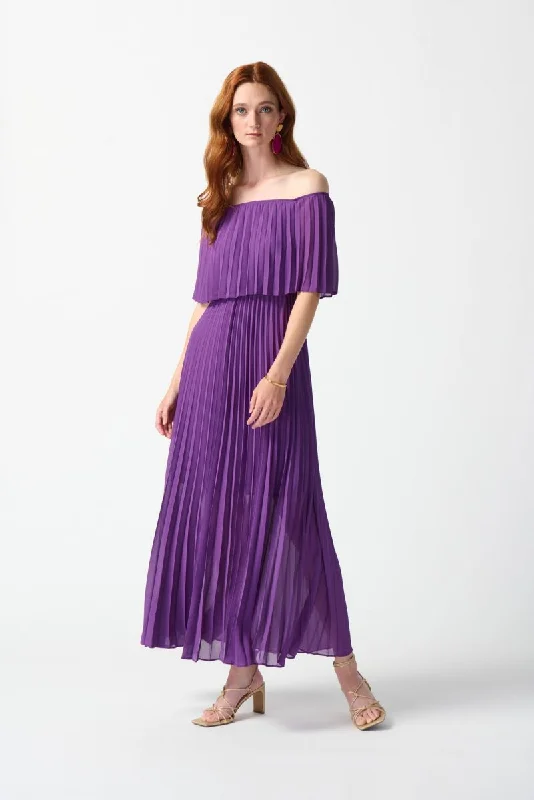 Women's party dress gleam glow -Joseph Ribkoff Majesty Off-Shoulder Pleated Chiffon Party Long Maxi Dress 242926