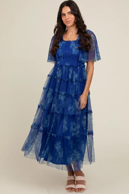 ladies-maxi-dress-vermilion-vibe-Blue Floral Smocked Tulle Maxi Dress