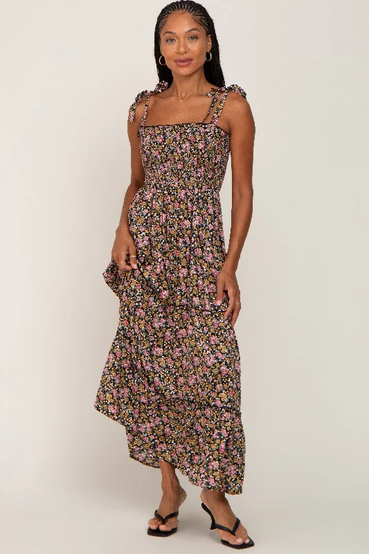 ladies-maxi-dress-taupe-tide-Black Multi-Color Floral Sleeveless Tiered Maxi Dress