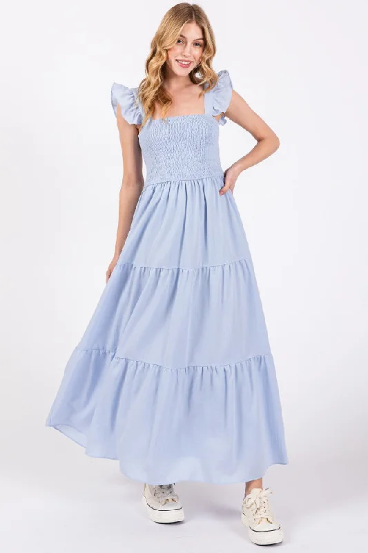 ladies-maxi-dress-lilac-luster-Light Blue Sleeveless Smocked Tiered Maxi Dress