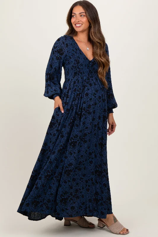 ladies-maxi-dress-taupe-tide-Navy Floral Smocked Button Detail Maternity Maxi Dress