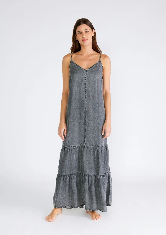 ladies-maxi-dress-versatile-vibe-Charcoal Chambray Ruffle Hem Maxi Dress