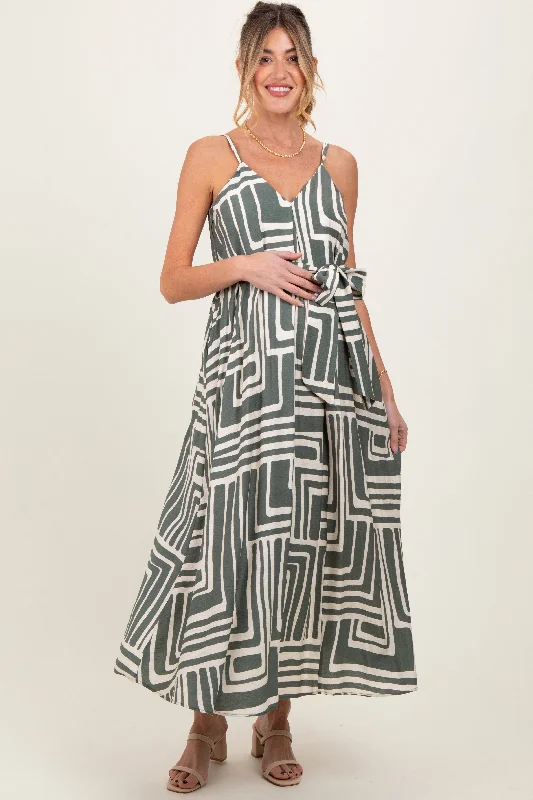 ladies-maxi-dress-leather-luxe-Light Olive Geometric Print Sash Tie Maternity Maxi Dress