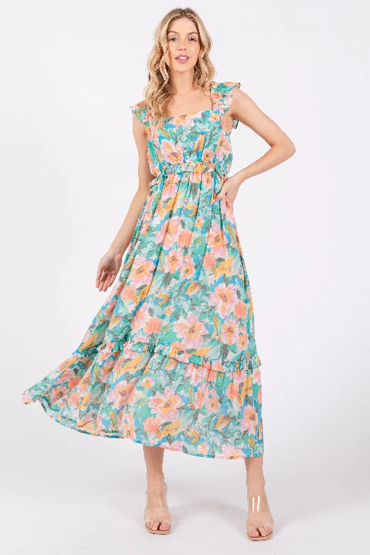 Women's midi dress perk pop -Aqua Watercolor Floral Ruffle Accent Midi Dress