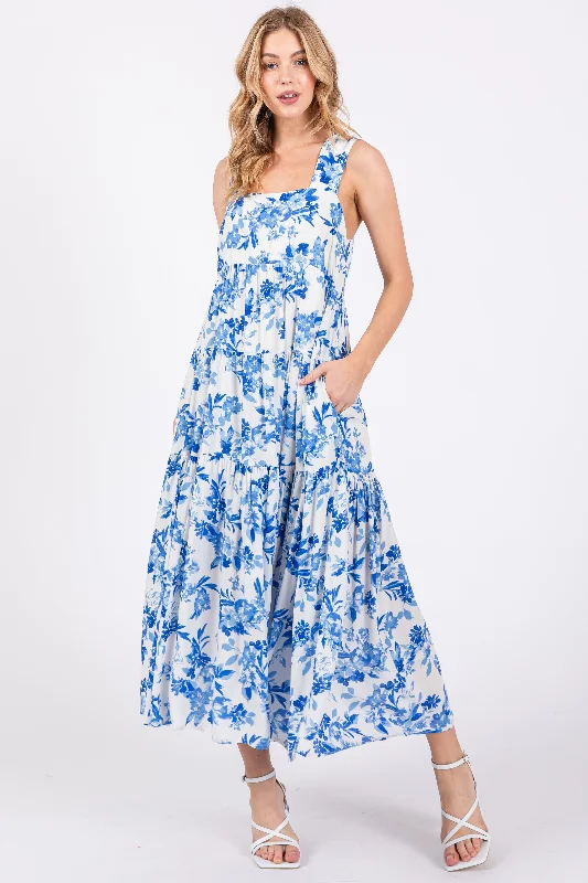 ladies-maxi-dress-satin-silk-Blue Floral Sleeveless Tiered Maxi Dress