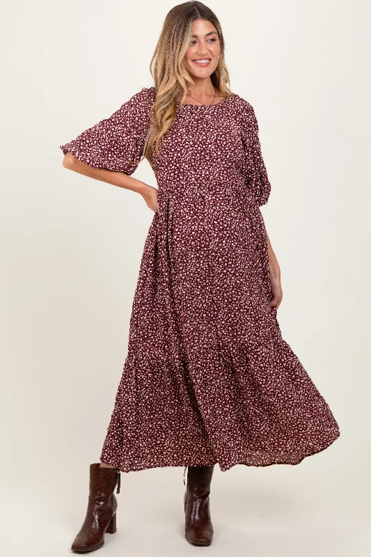 ladies-maxi-dress-chiffon-charm-Burgundy Floral Puffed Short Sleeve Maternity Maxi Dress