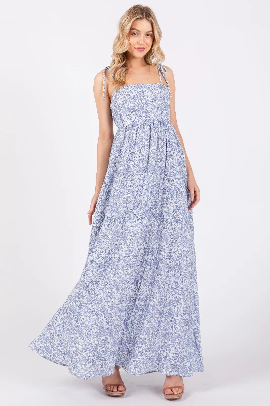 ladies-maxi-dress-retro-radiance-Blue Leaf Print Shoulder Strap Maxi Dress