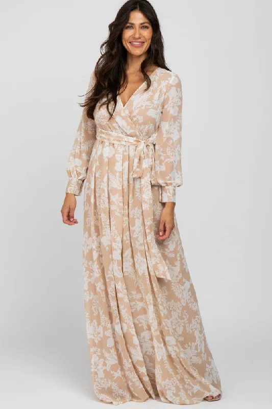 ladies-maxi-dress-cold-shoulder-chic-Taupe Floral Chiffon Maxi Dress