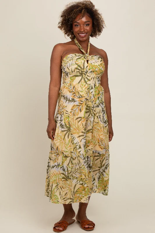 ladies-maxi-dress-fresh-fable-Light Yellow Tropical Halter Maxi Dress