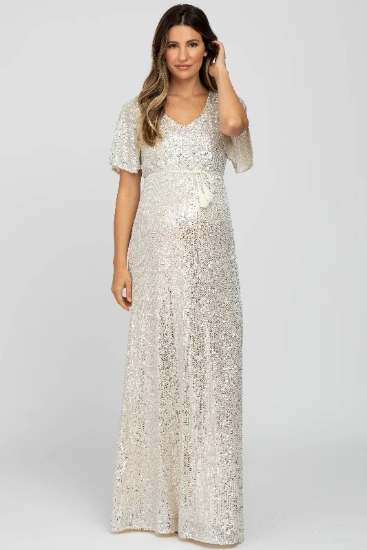 ladies-maxi-dress-wrap-whimsy-Cream Sequin Short Sleeve Maternity Maxi Dress