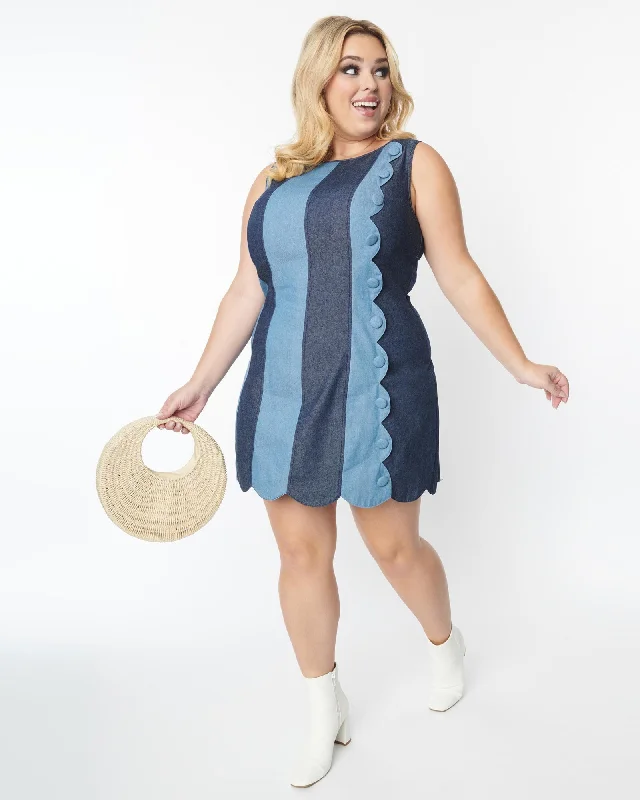 ladies-mini-dress-pleated-pop-Smak Parlour Contrast Denim Stripe Scallop Mini Dress | Blue, Striped