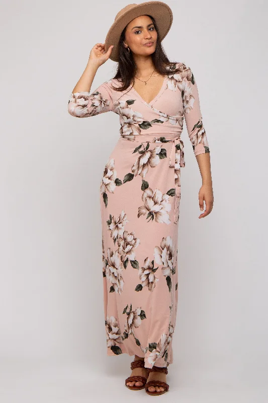 ladies-maxi-dress-navy-nimbus-Light Pink Floral Wrap Maxi Dress