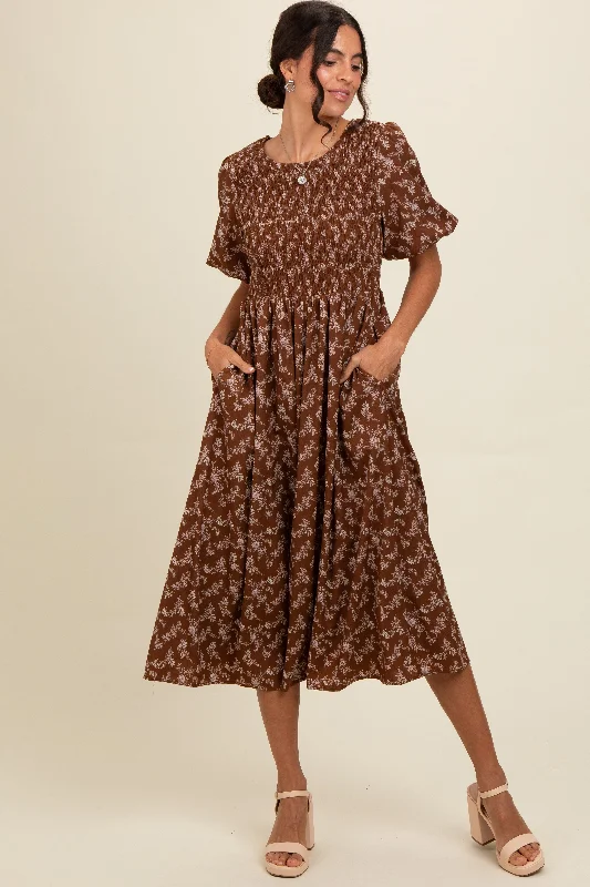 Women's midi dress wing chic -Brown Floral Smocked Midi Dress