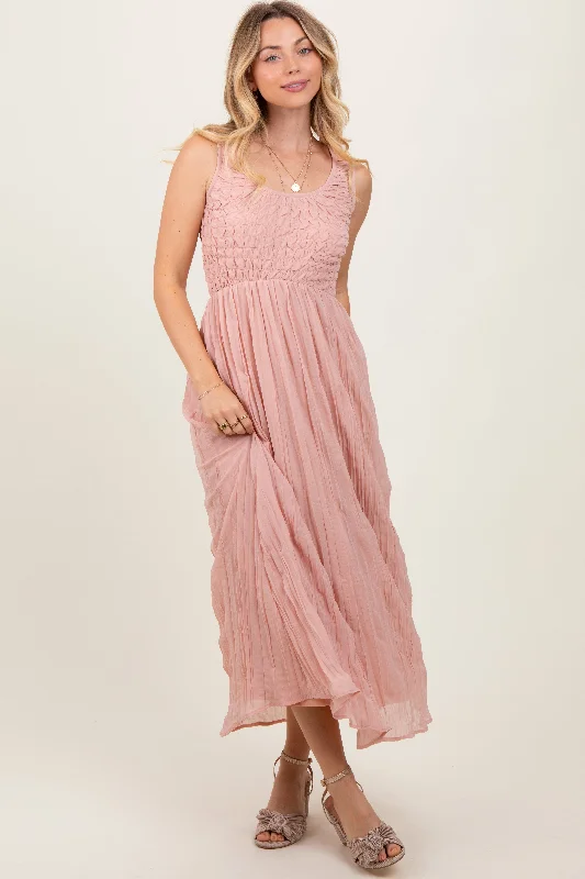 ladies-maxi-dress-floor-length-fable-Light Pink Textured Smocked Bodice Sleeveless Maxi Dress