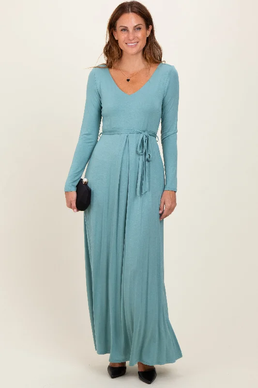 ladies-maxi-dress-sporty-sweep-Light Olive V-Neck Long Sleeve Sash Tie Maxi Dress