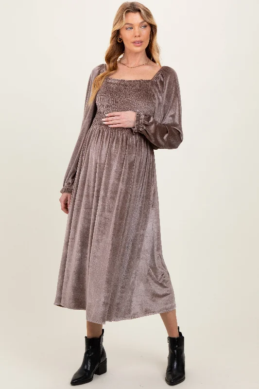 ladies-maxi-dress-fuchsia-fable-Taupe Velvet Smocked Long Sleeve Maternity Maxi Dress