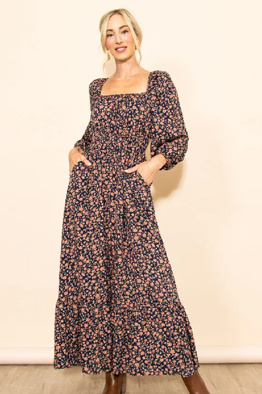 ladies-maxi-dress-ash-allure-Navy Blue Floral Square Neck Ruffle Maxi Dress